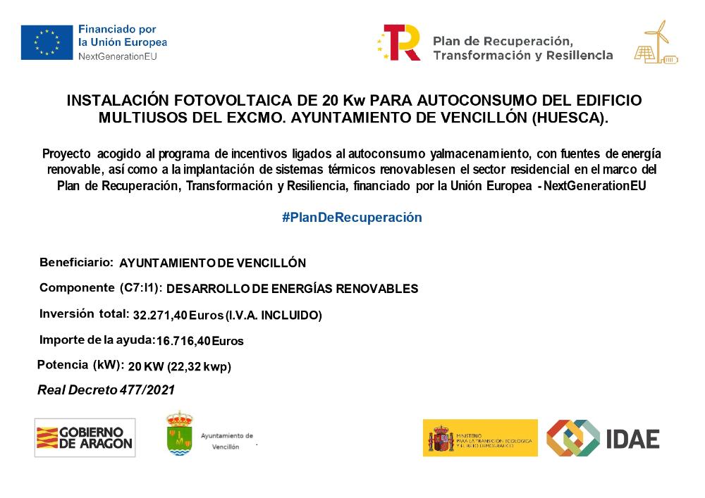 Imagen Instalación fotovoltaica de 20 Kw para autoconsumo del edificio multiusos del excmo. Ayuntamiento de Vencillón (Huesca)